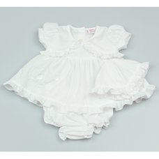 GF0230: Premature Baby Girls White 3 Piece Dress Set with Hat